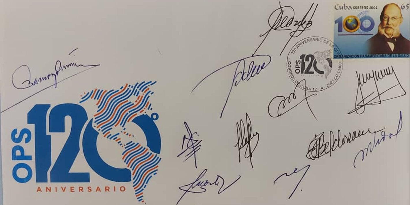 Sobre con cancelador y sello dedicado a 120 años de OPS