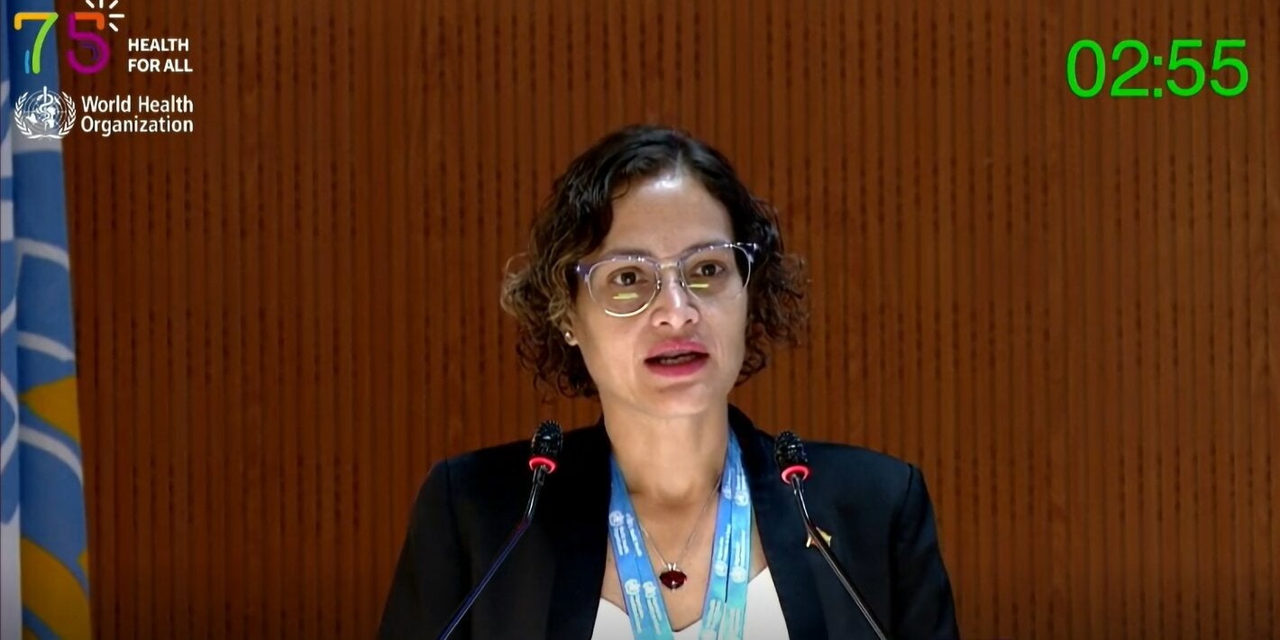 La ministra de salud de Venezuela, Magaly Gutiérrez, durante su intervención en la 76 Asamblea Mundial de la Salud