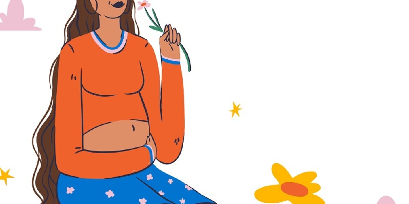 ilustración de mujer embarazada sosteniendo flor y tocándose la panza
