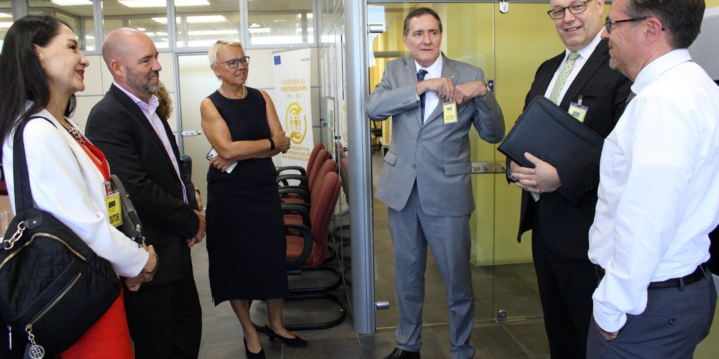 PAHO Director, Dr Jarbas Barbosa (center) after meeting with Ambassador Malgorzata Wasilewska, Head of Delegation to Barbados, the Eastern Caribbean States, the OECS and CARICOM/CARIFORUM (3rd left)