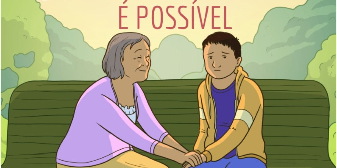 ilustração de uma mulher mais velha segurando as mãos de um adolescente em um banco verde ao ar livre com o título "A prevenção do suicídio pode salvar vidas"