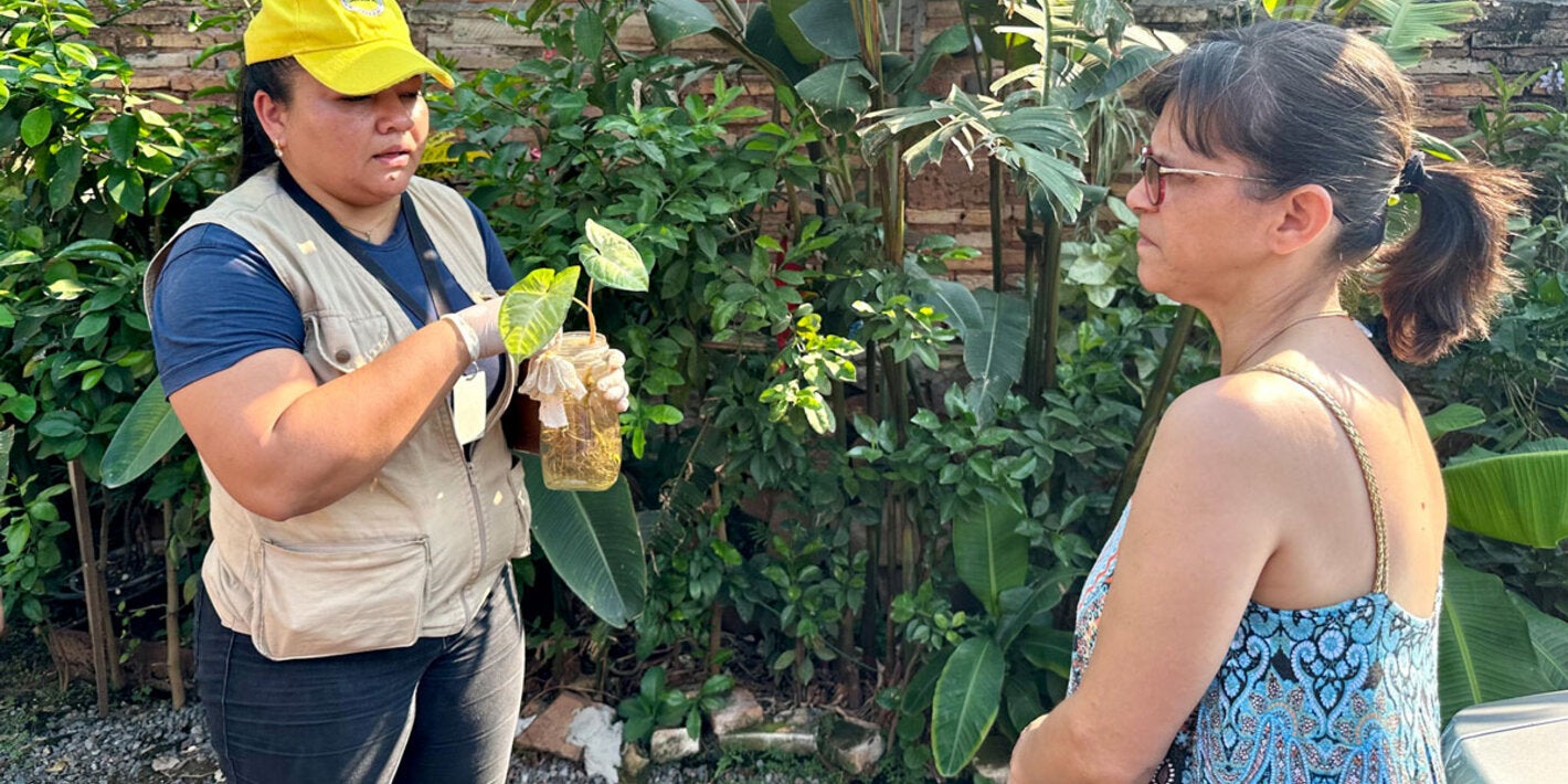 Personal de SENEPA trata un florero con agua para evitar criaderos de mosquitos y recomiendan a la   Un recorrido casa por casa contra el dengue en Paraguay