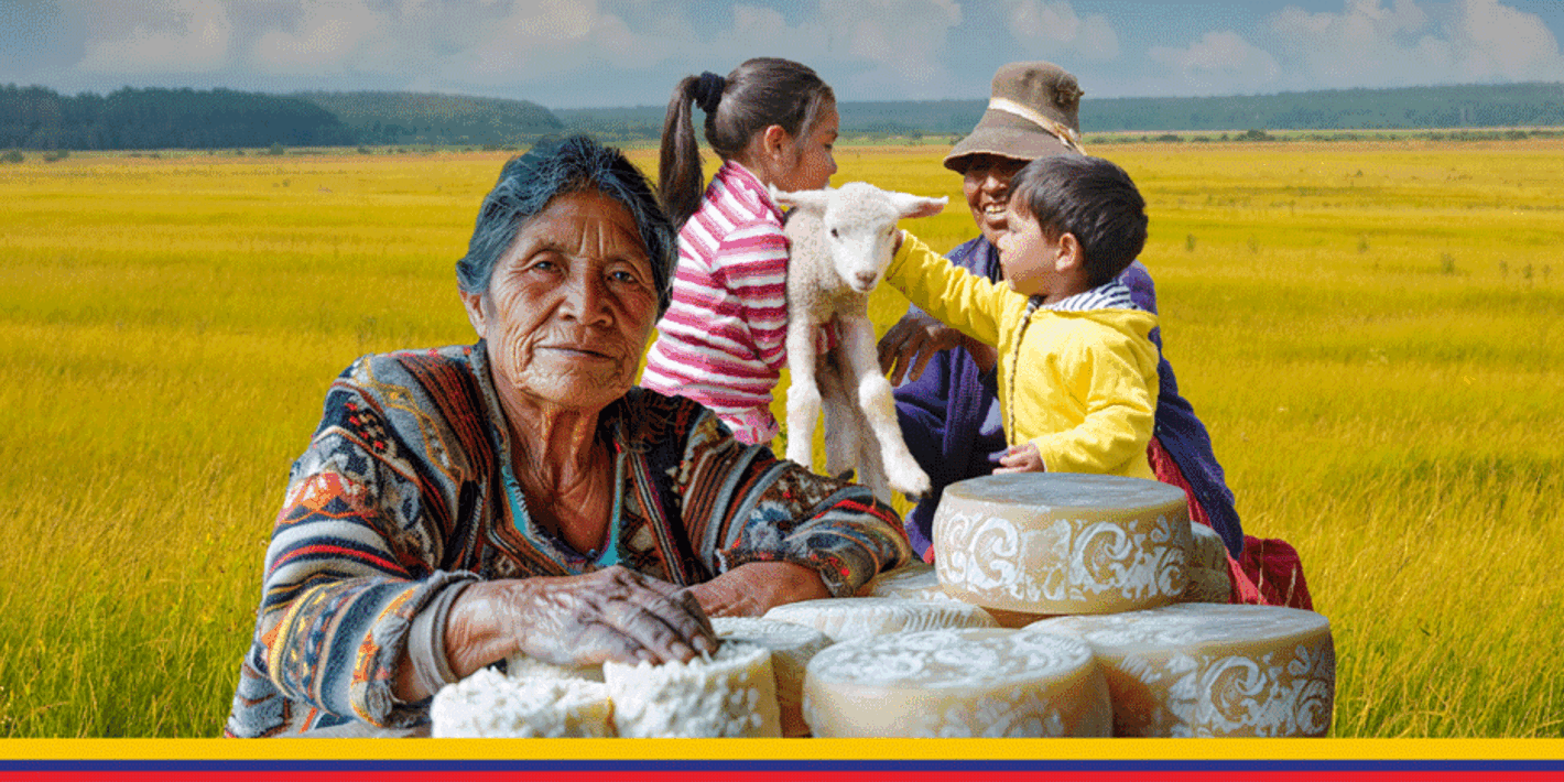 mujer con quesos, niños y mujer detrás con oveja