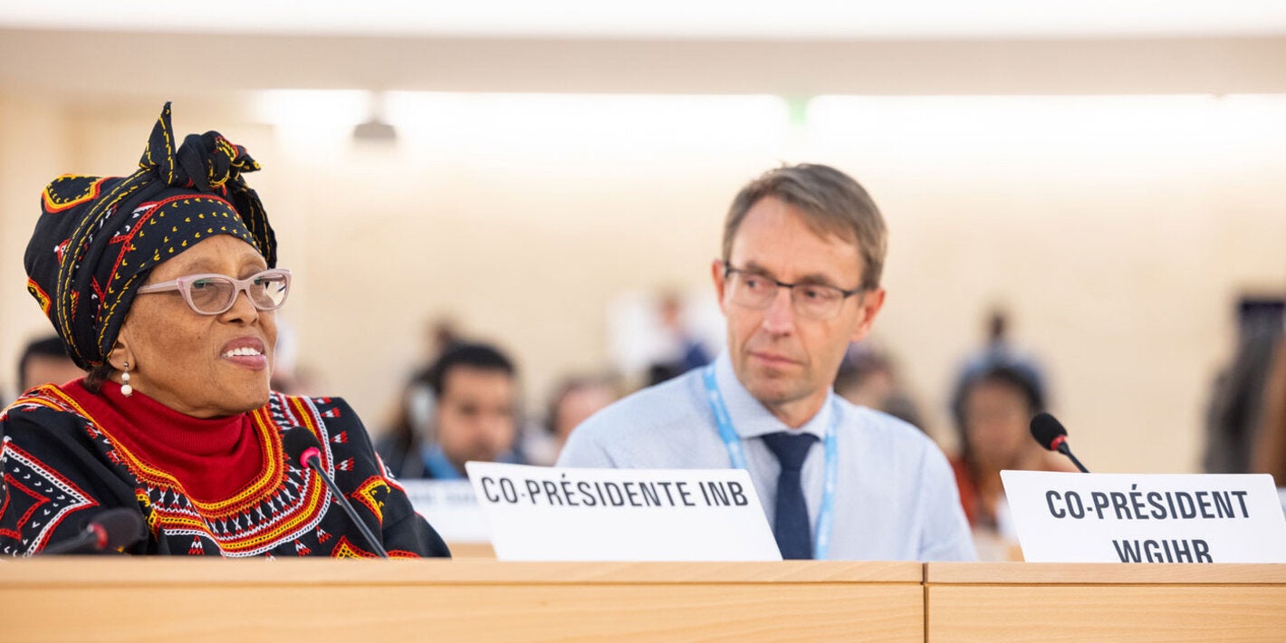 Intergovernmental Negotiating Body (INB) Co-Chair Precious Matsoso of South Africa (left); Working Group on Amendments to the International Health Regulations (2005) (WGIHR) Co-Chair Dr Ashley Bloomfield of New Zealand.
