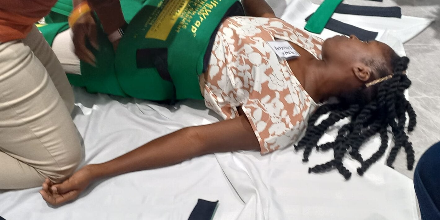 Health Care Workers practicing the use of Non-pneumatic Anti-shock Garment (NASG) for control of Post Partum Haemorrhage