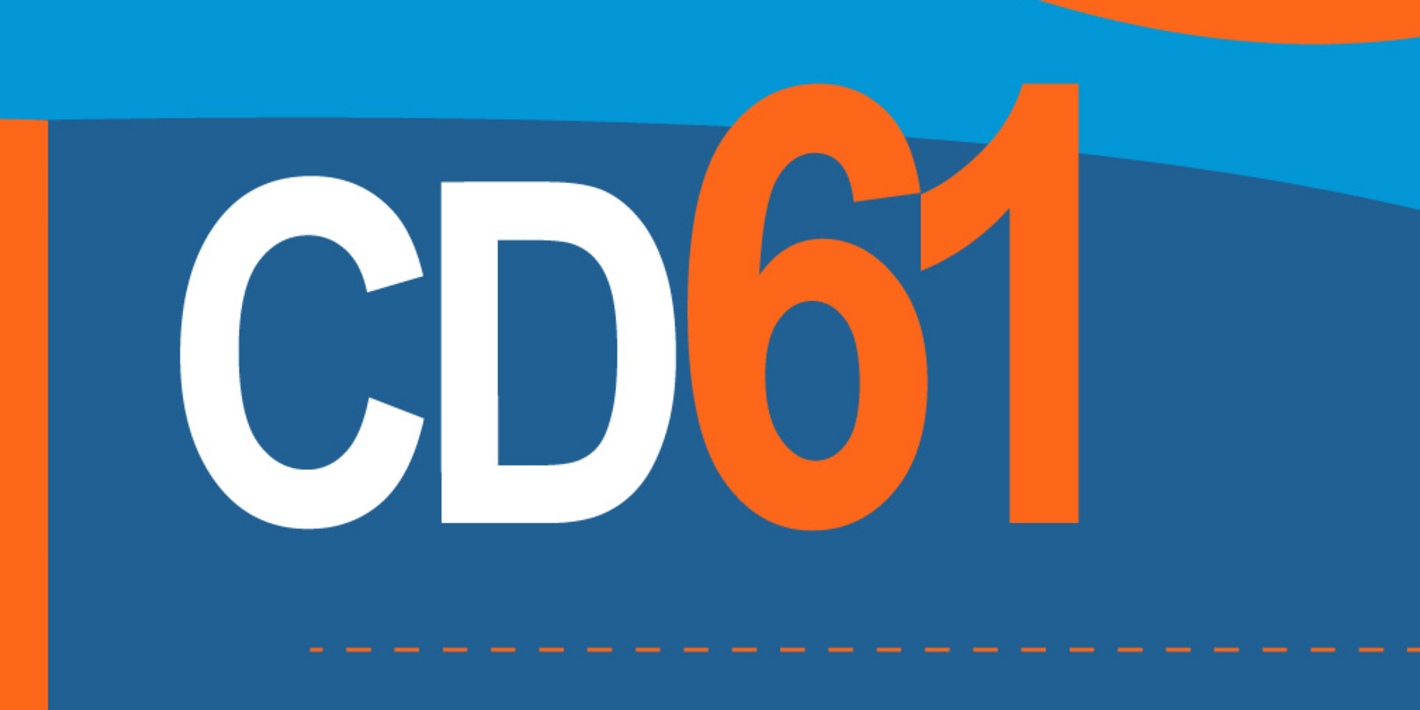 Banner in blue, orange and white with CD61 on it.