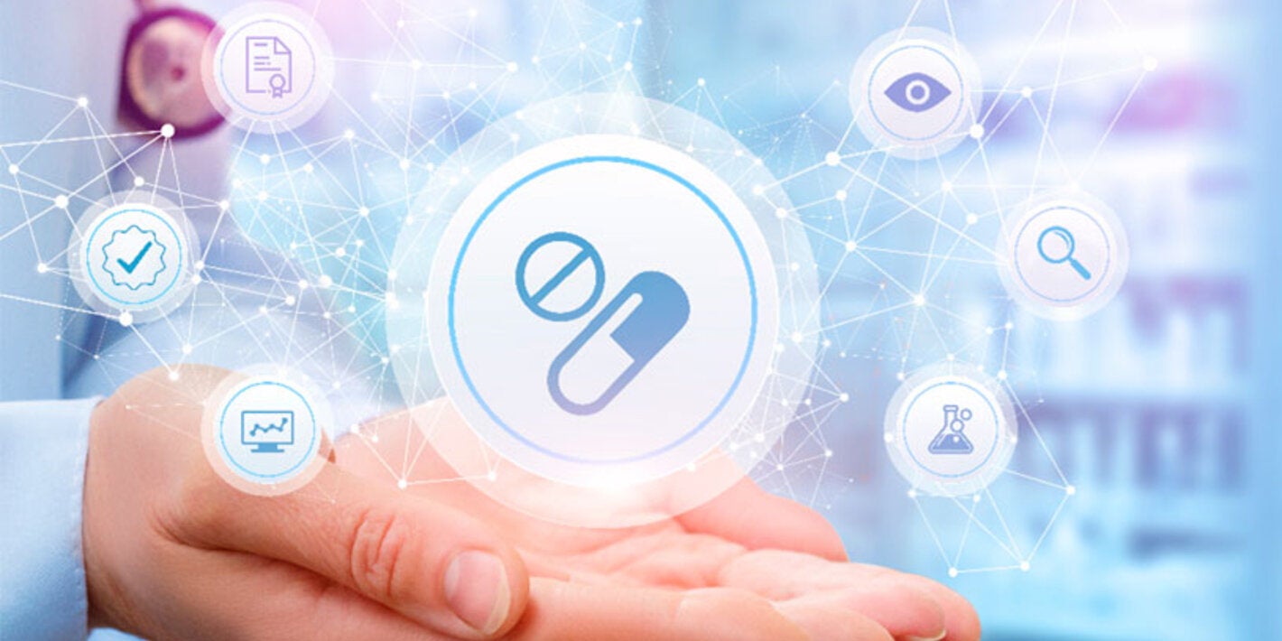 Hand with pillas and medical devices floating