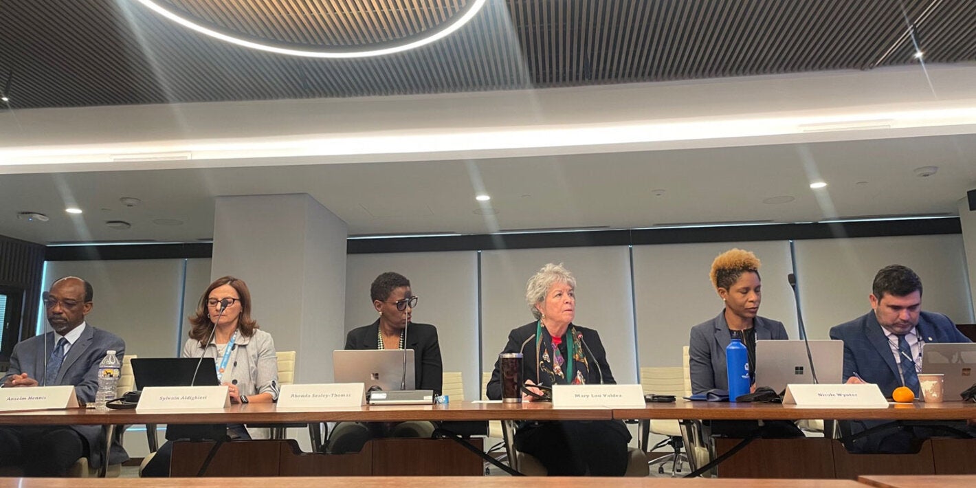 Group of PAHO staff and stakeholders seated around a table in a meeting toom in Washington DC