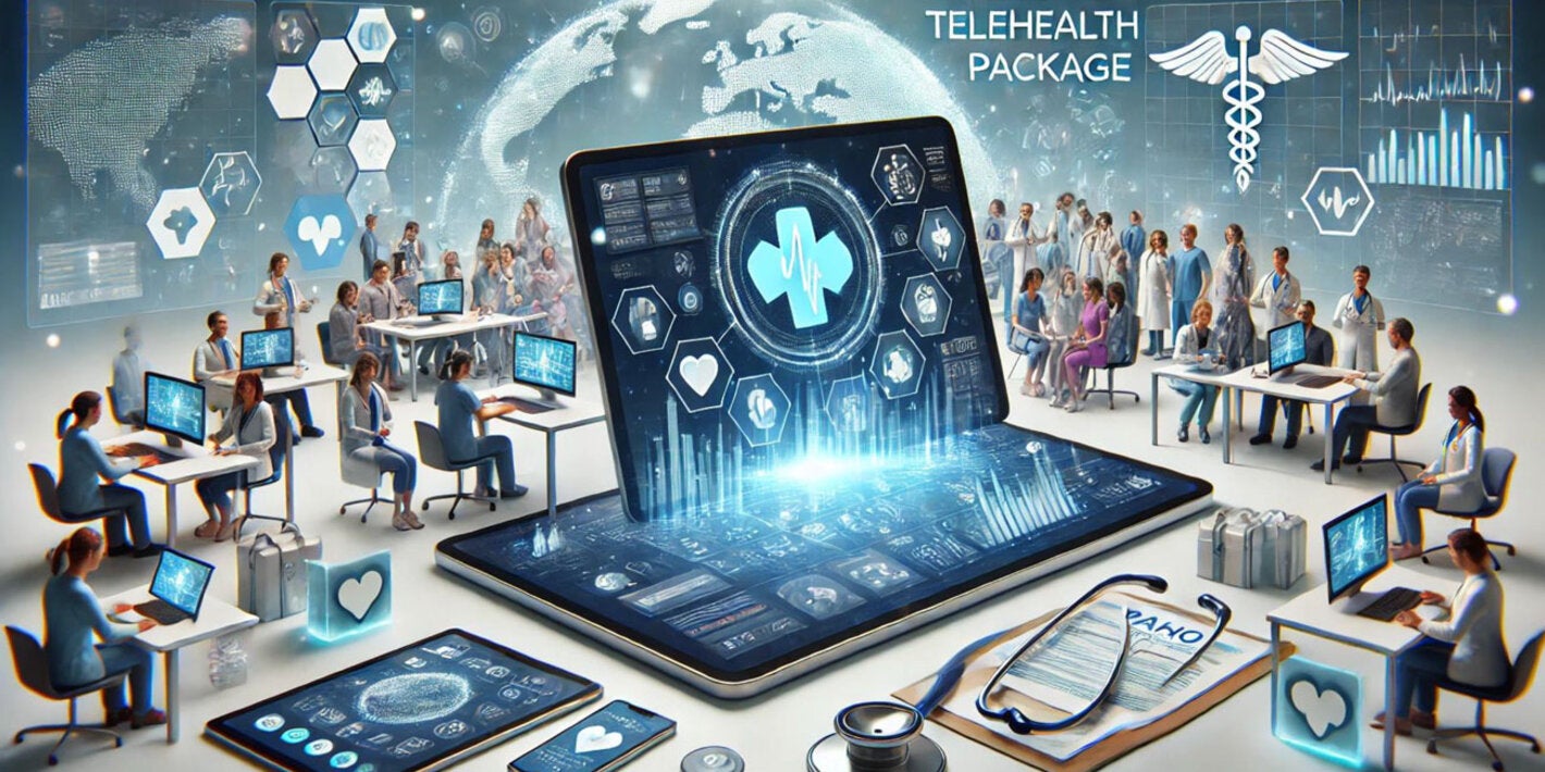 Computer screens with cross in the center and icons associated with health around. Physicians and nurses interact with computers.