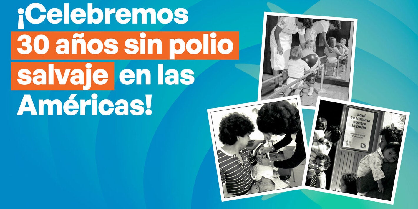 Gráfico para la celebración del 30.º aniversario del Día Mundial contra la Polio 2024. Contiene fotografías de niños vacunados, con aparatos ortopédicos y en fisioterapia.
