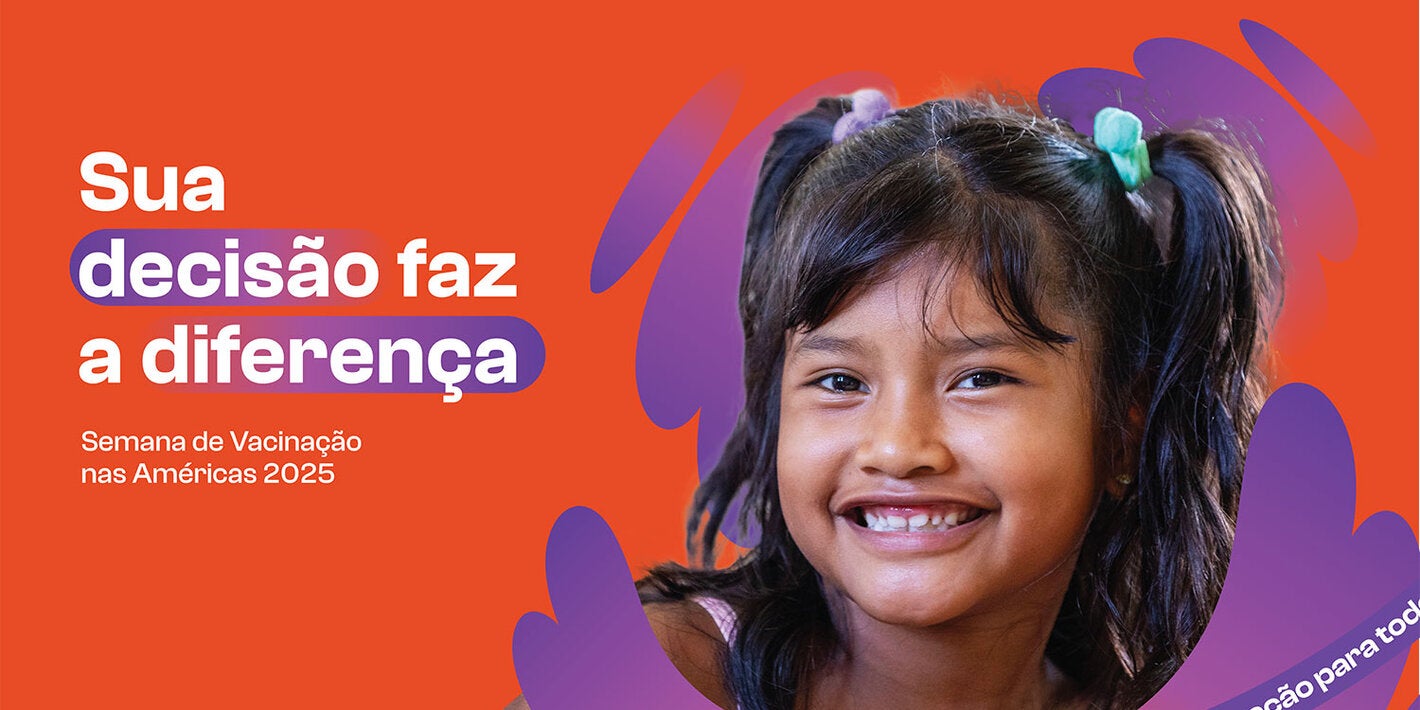 Banner da campanha com fundo laranja e a foto de uma criança, com detalhes roxos, e as frases "Sua decisão faz a diferença" e "Imunização para todos"