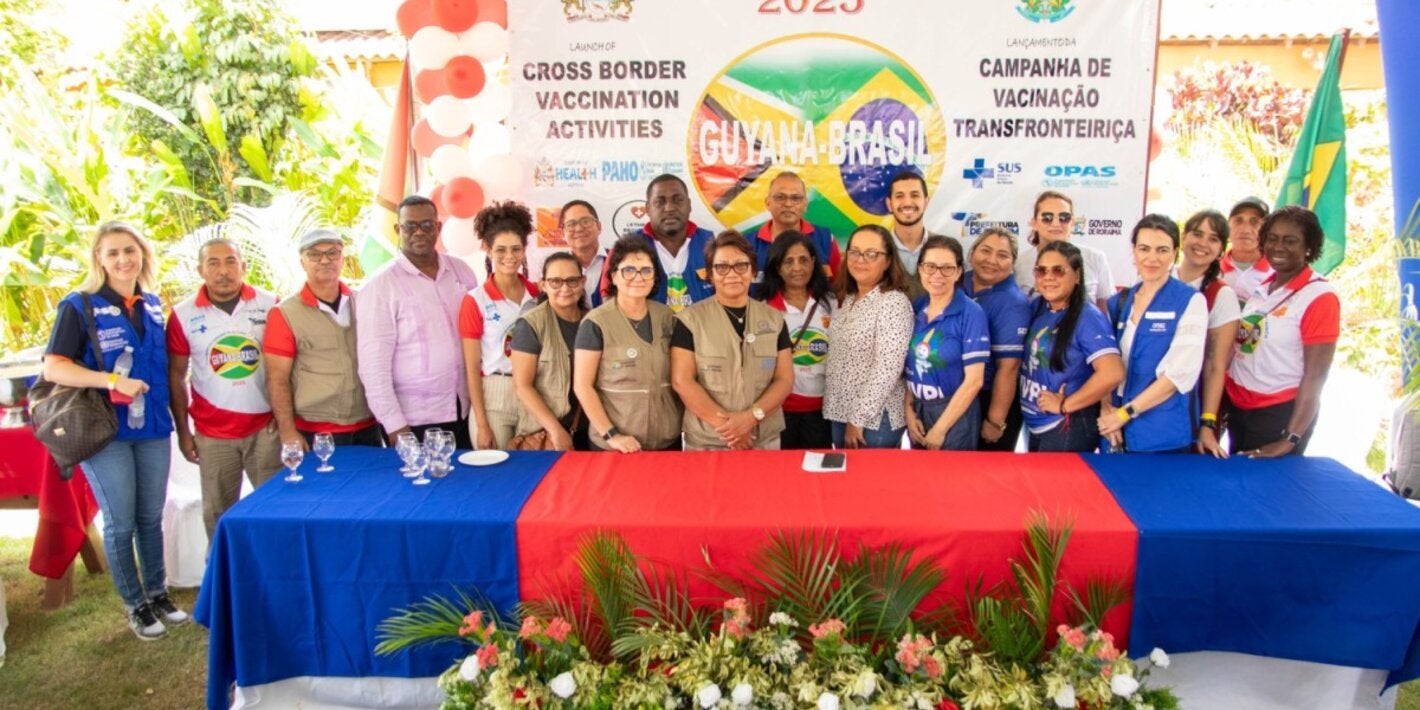 Hon. Dr. Frank Anthony, Minister of Health Guyana, Dr. Kim Eva Dickson, PAHO/WHO Country Representative for Guyana and Dr. Elisa Prieto, PAHO/WHO Deputy Representative in Brazil among the delegates from Guyana and Brazil at the Cross-Border Vaccination in the Americas Launch 2025