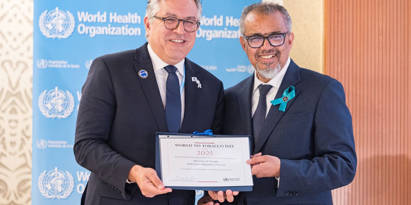 Brazil was recognized for its pioneering tobacco control regulations and strong resistance to industry interference. Dr. Tedros poses for photo with a representative from the country.