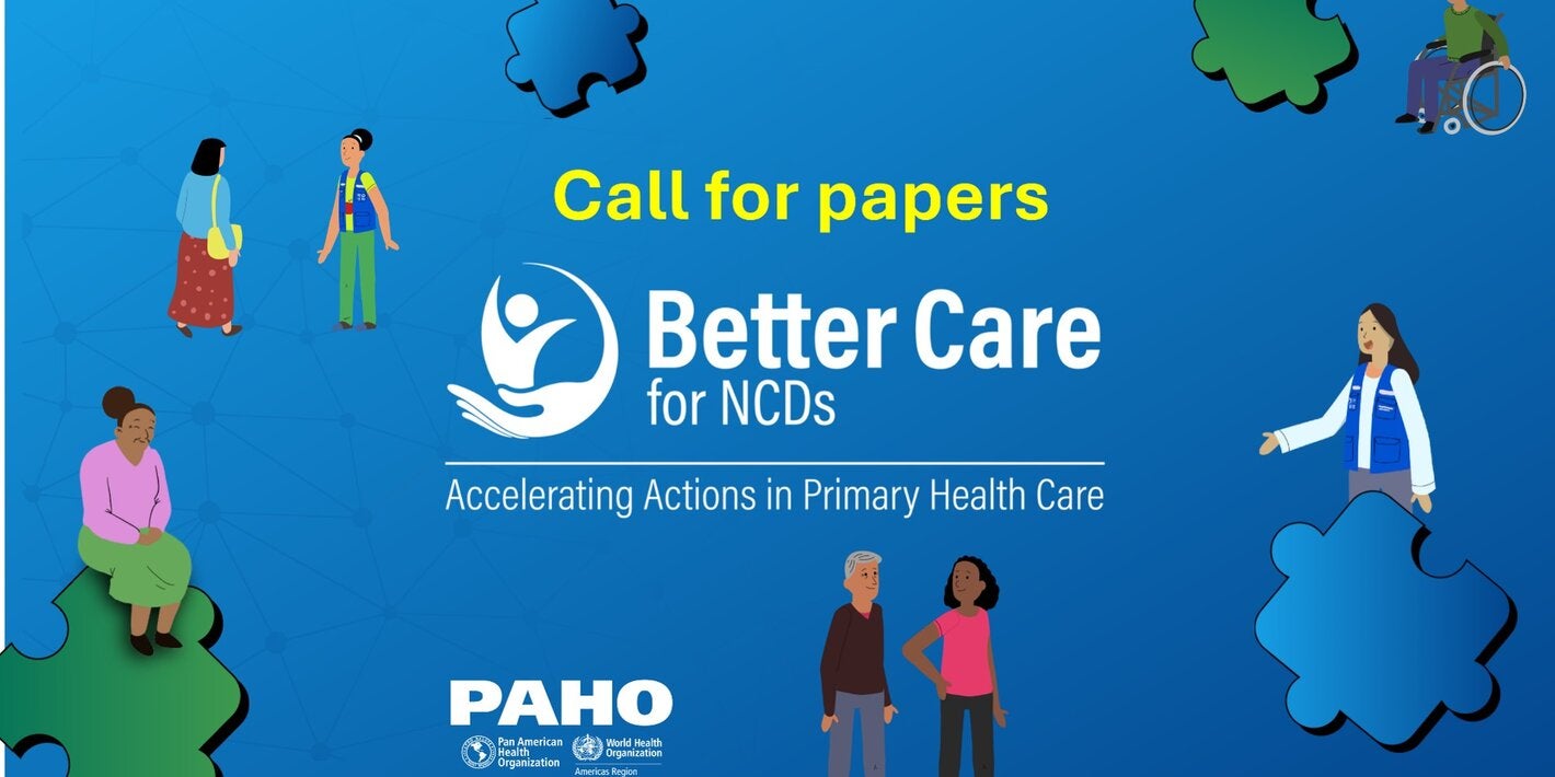 Illustration depicting human figures around the "Call for Papers" poster and the "Better Care for NCDs" logo.