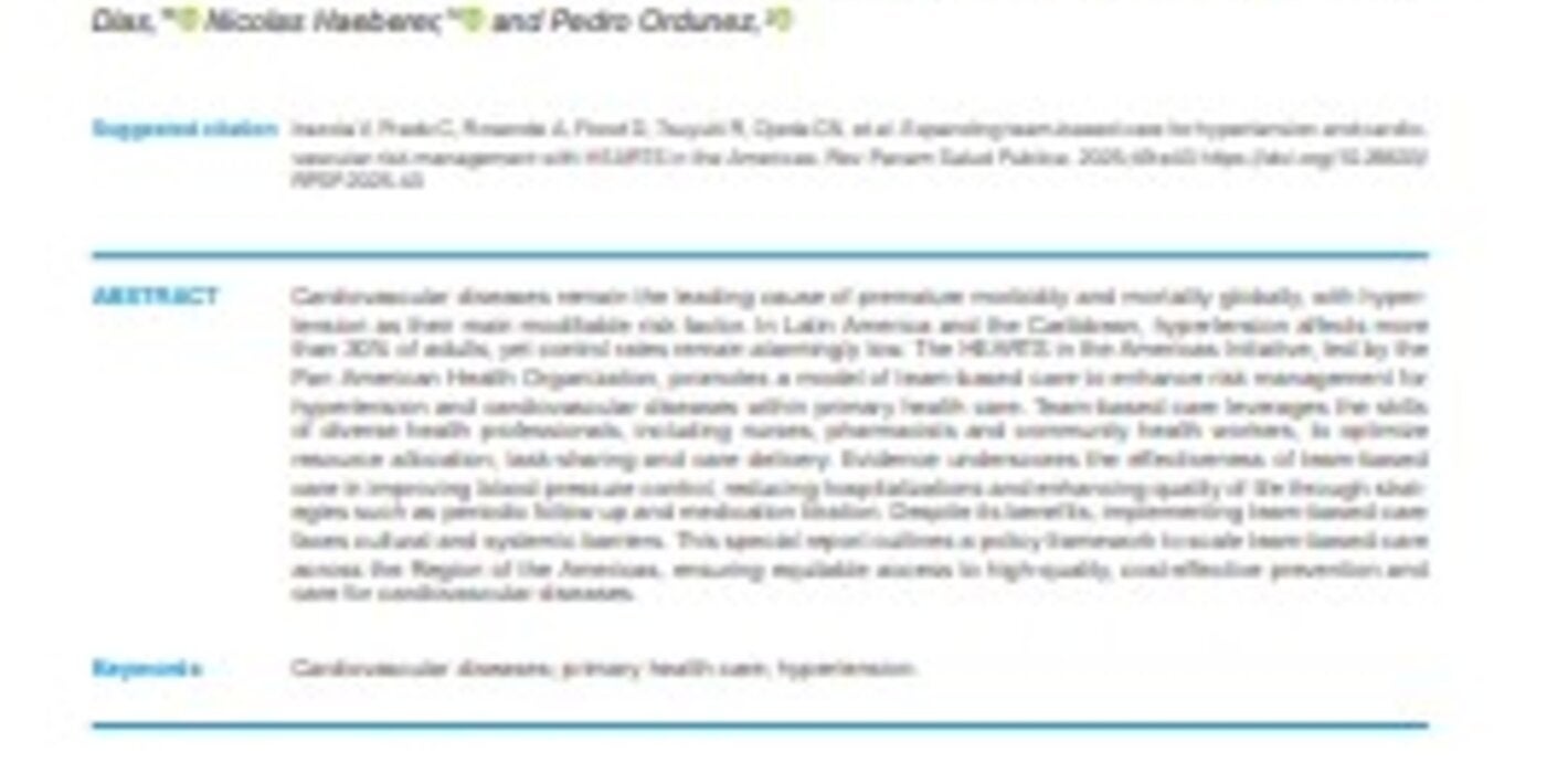 First page of the paper Expanding team-based care for hypertension and cardiovascular risk management with HEARTS in the Americas 