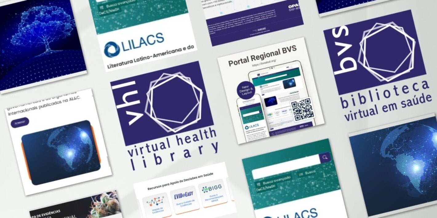 Portal Regional de la BVS y productos de BIREME como LILACS, Mapas de Evidencia, BIGG y EVID@Easy destacados en la interfaz digital.