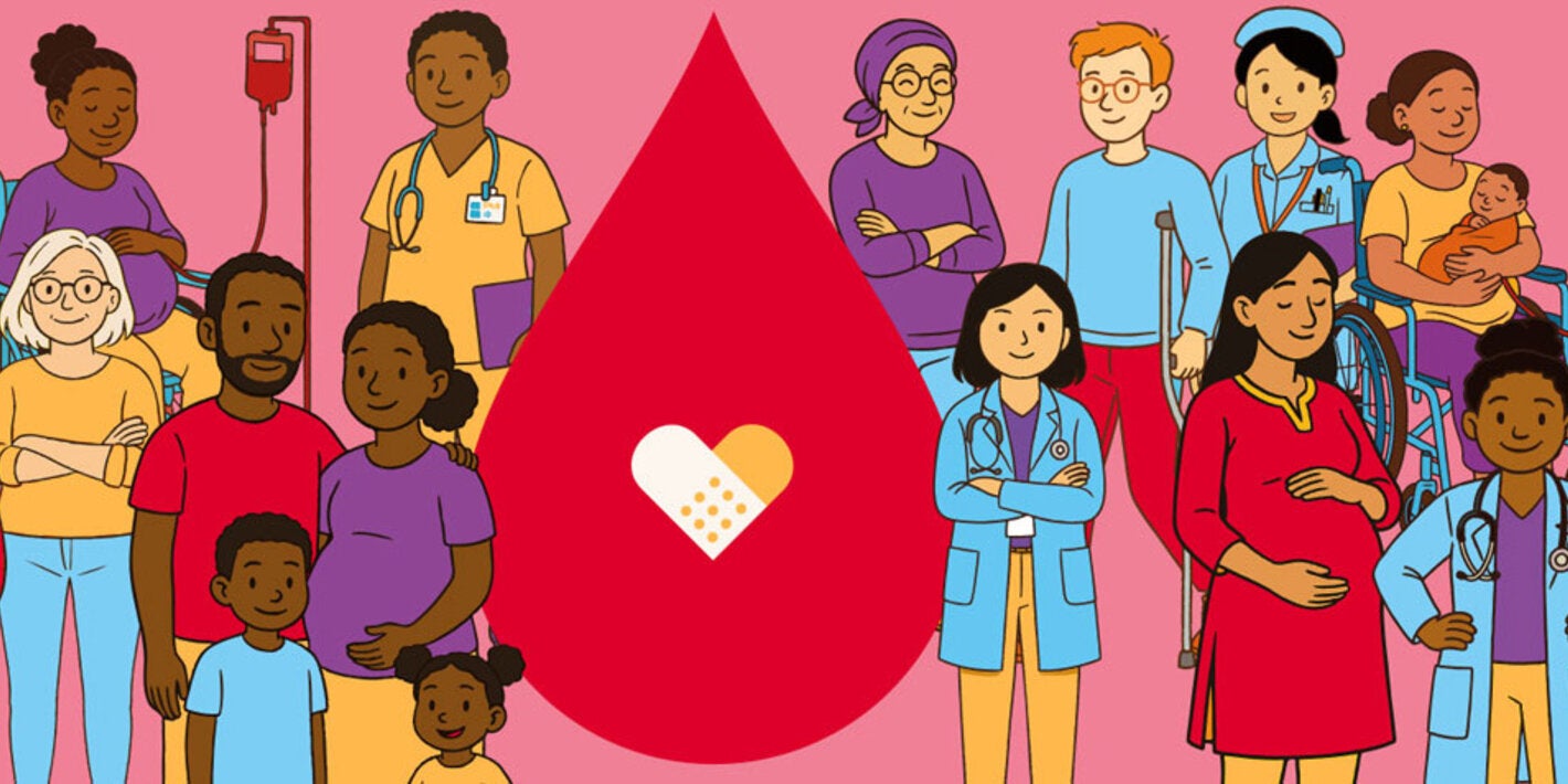 Banner with illustrations of people of different age groups and races benefiting from blood donations