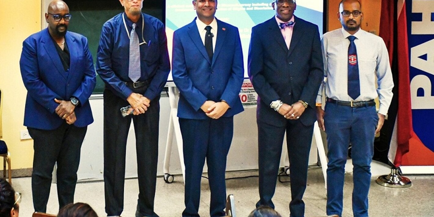 (L-R) Mr. Davlin Thomas – CEO of the NCRHA, Dr. Mushtaq Ali Saiyed - Director of the Hansen’s Disease Control Unit, MOH, The Honourable Dr. Rishad Seecheran - Minister in the Ministry of Health, Dr Stephen Nurse-Findlay - Advisor, Communicable Disease Control and Elimination, PAHO/WHO Trinidad and Tobago Country Office, Dr Kevin Khan-Kernahan - Chair IT Committee, Trinidad & Tobago Medical Association at the Hansen’s Disease Continuing Medical Education seminar series – North Central.