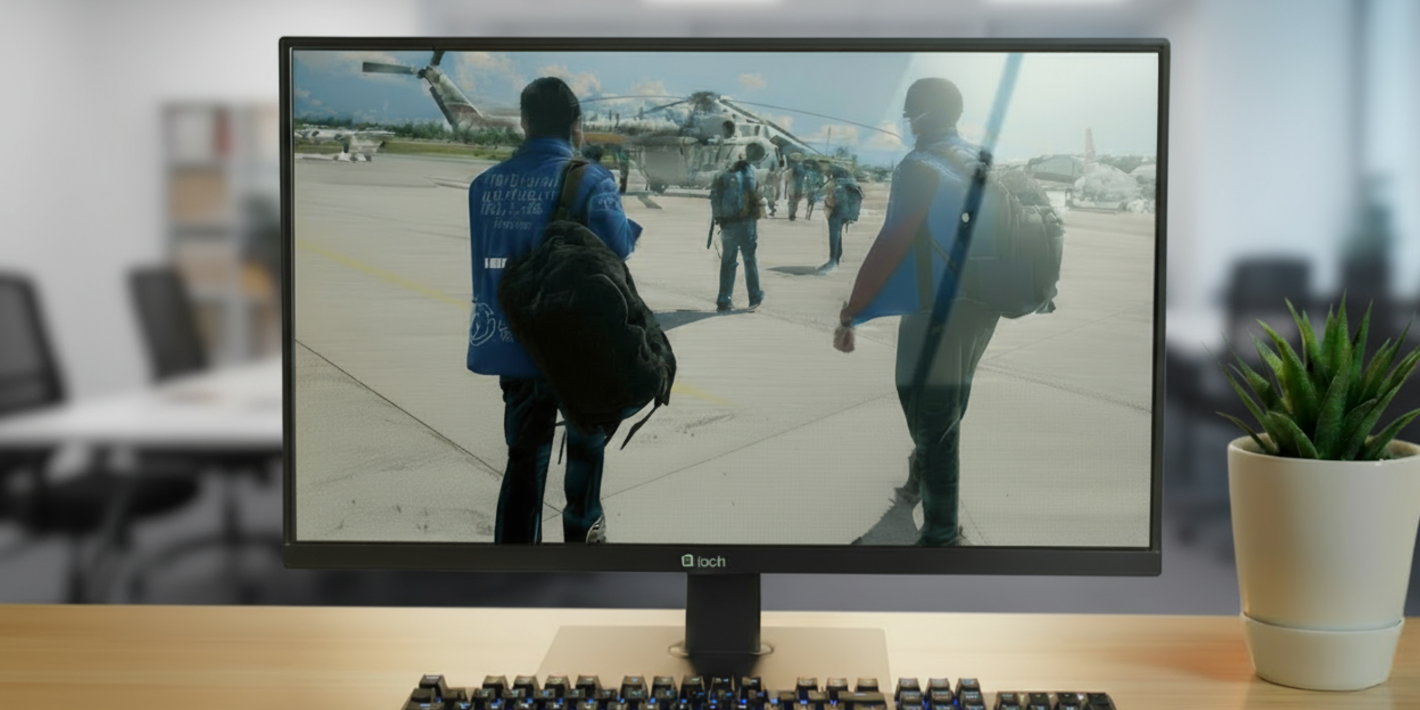 Monitor de computadora con foto de dos hombres con chalecos de OPS, en el fondo se ve un helicóptero