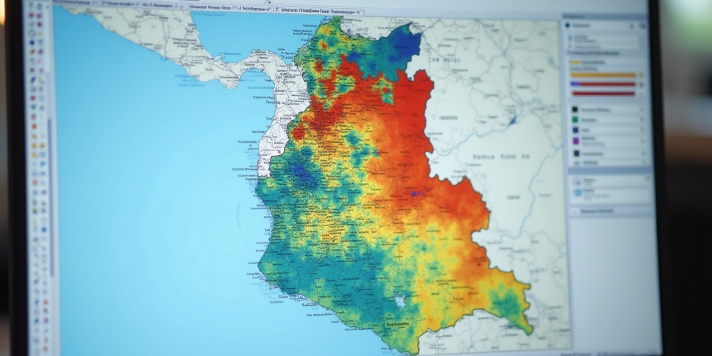  A choropleth map of Guatemala, divided into regions and colored according to a graduated color scheme, with a blurred legend indicating the values associated with each color. 