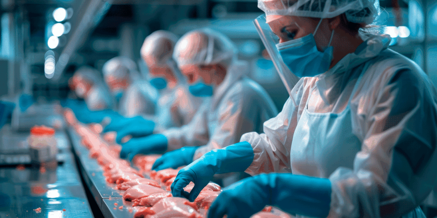 Mujeres con guantes, mascarilla y material de protección analizando pollo