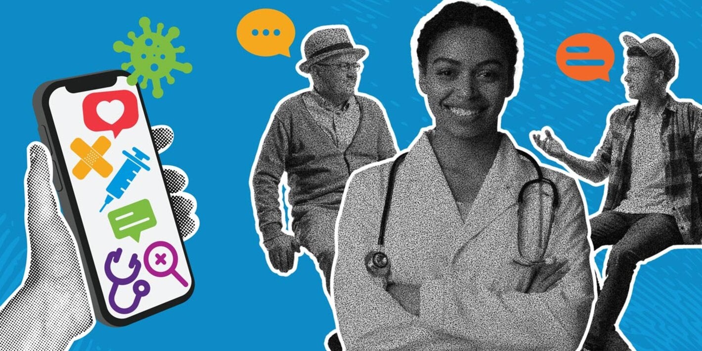 Mobile phone with icons, health worker, an older and a young adult