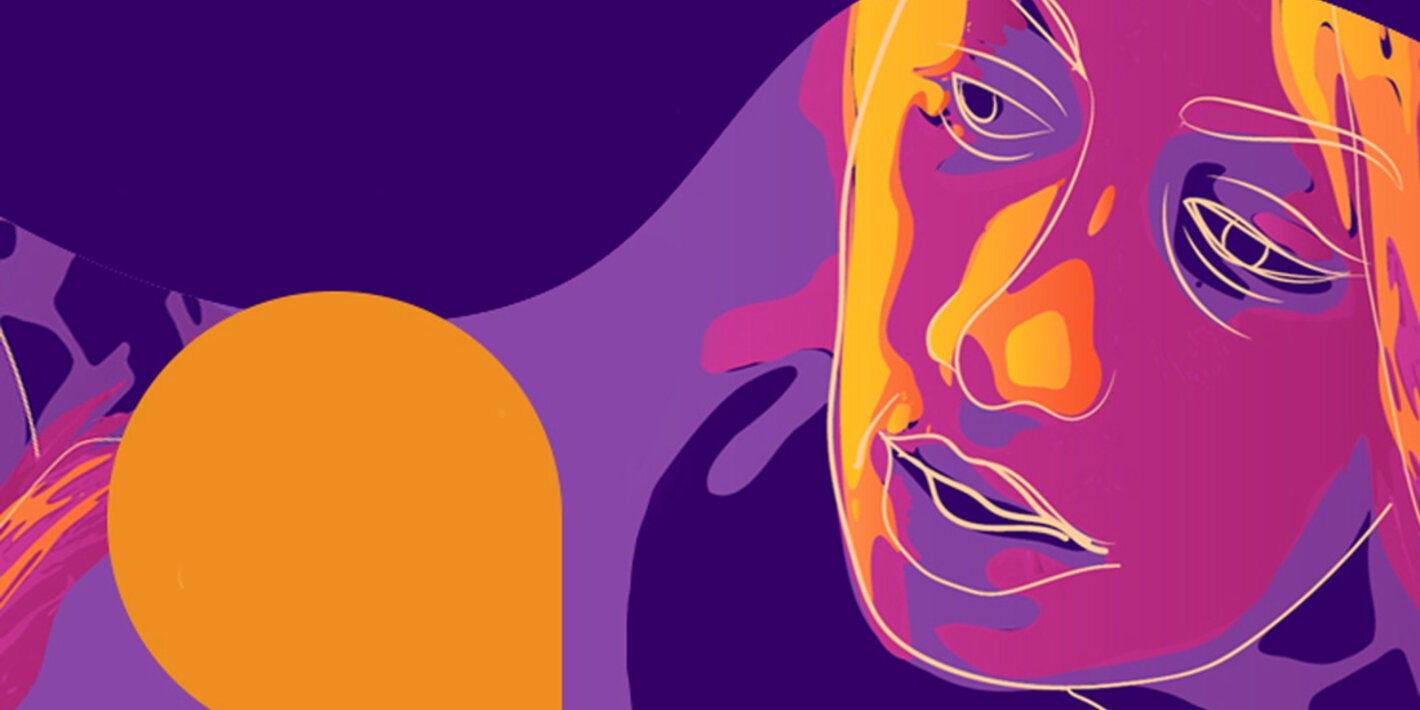 Woman's face in bold colors: orange, purple and lilac