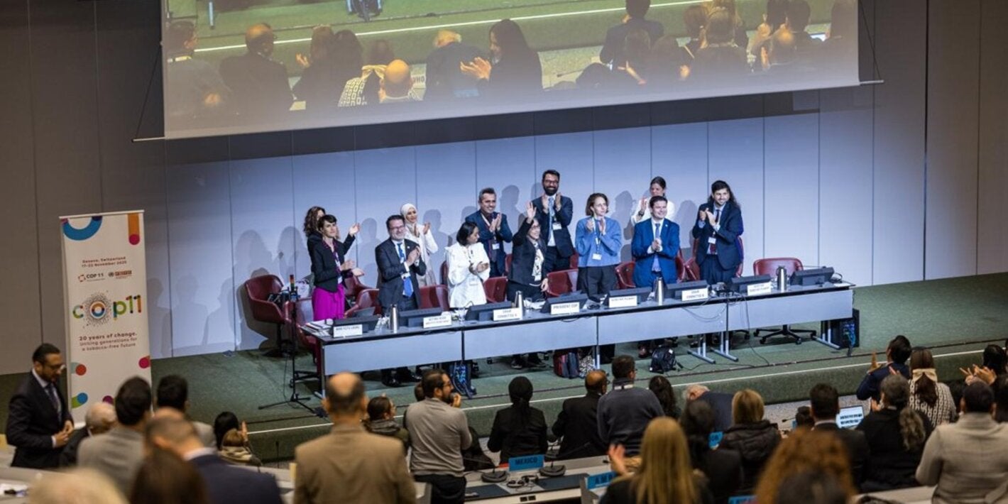 Conference room at COP11 meeting; panelists stand and applaud at the front, audience members also standing and clapping.