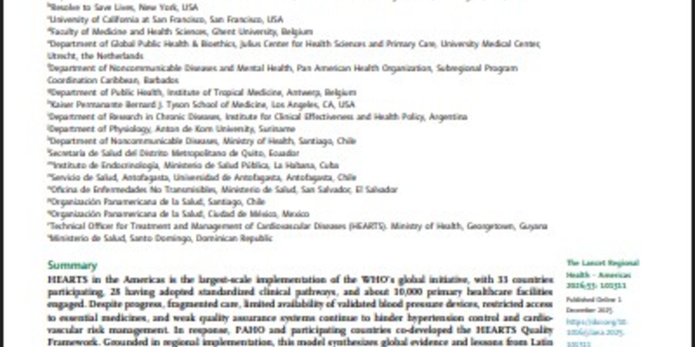 First page of a scientific article titled: HEARTS quality: a policy framework to strengthen hypertension and cardiovascular risk management in primary healthcare—insights from HEARTS in the Americas