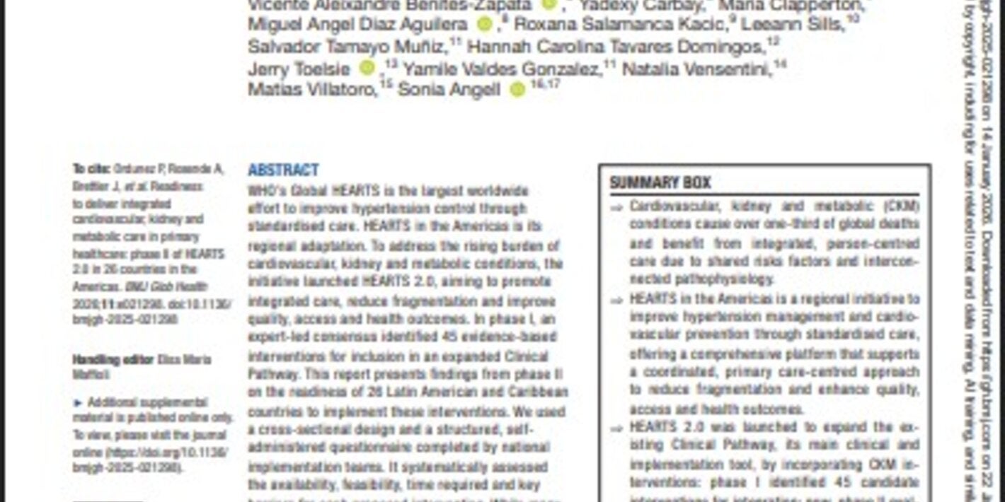 First page of a scientific article titled "Readiness to deliver integrated cardiovascular, kidney and metabolic care in primary healthcare: phase II of HEARTS 2.0 in 26 countries in the Americas"