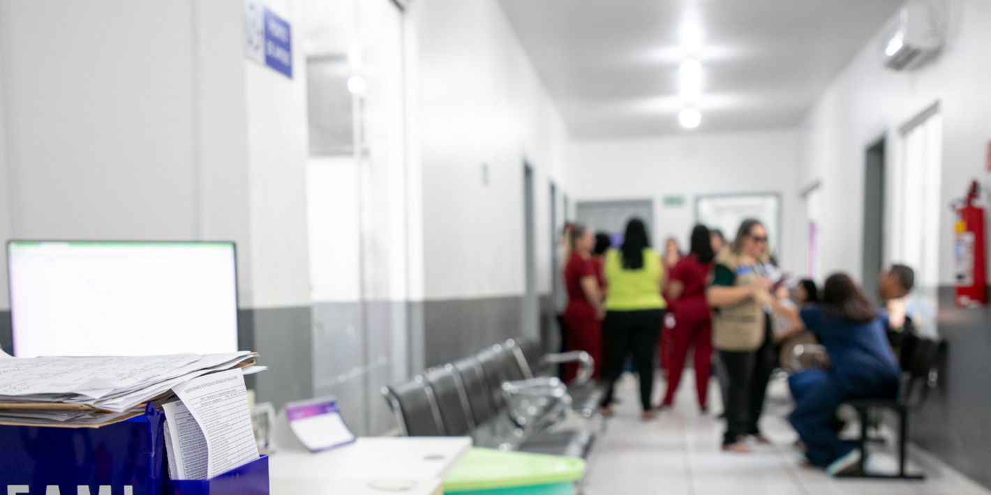 Health workers in a hospital waiting area