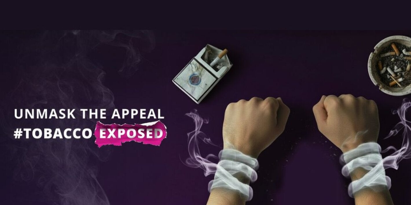 illustration of two hands tied with smoke on a dark purple background. The text "UNMASK THE APPEAL #TOBACCO EXPOSED  on the left 
