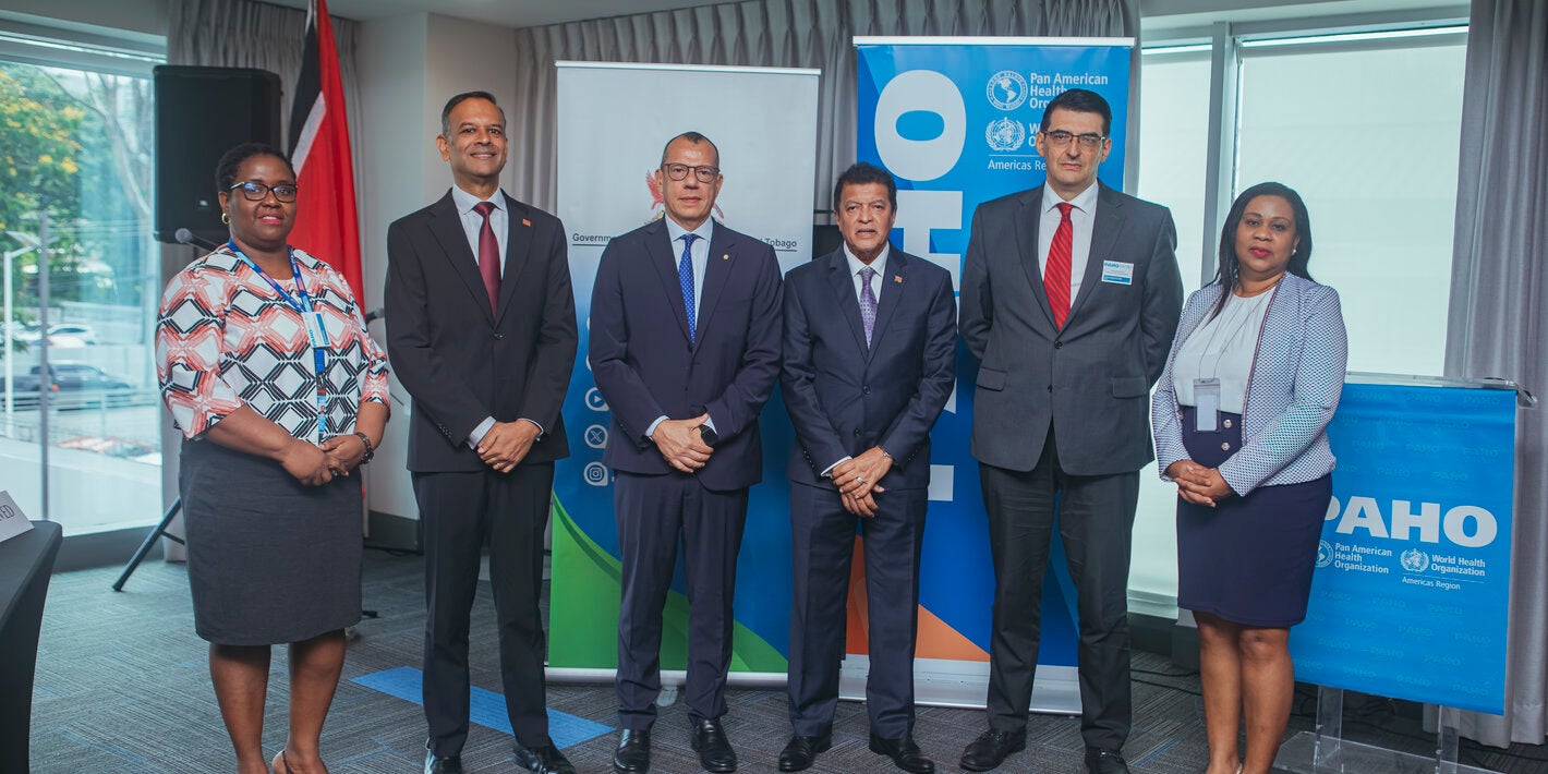 Minister of Health Honourable Dr. Lackram Bodoe, Minister in the Ministry of Health, Dr. Rishad Seecheran, PAHO/WHO Trinidad and Tobago Country Office, Dr. Gabriel Vivas Francesconi, Permanent Secretary Ministry of Health, Ms. Erica Fortune, Mr. Juan Carlos Rico, Advisor on Public Health Data Engineering, Information Systems and Digital Health Unit, EIH and Dr. Shellon Bovell, Advisor Health Systems and Services, PAHO/WHO Trinidad and Tobago Country Office.
