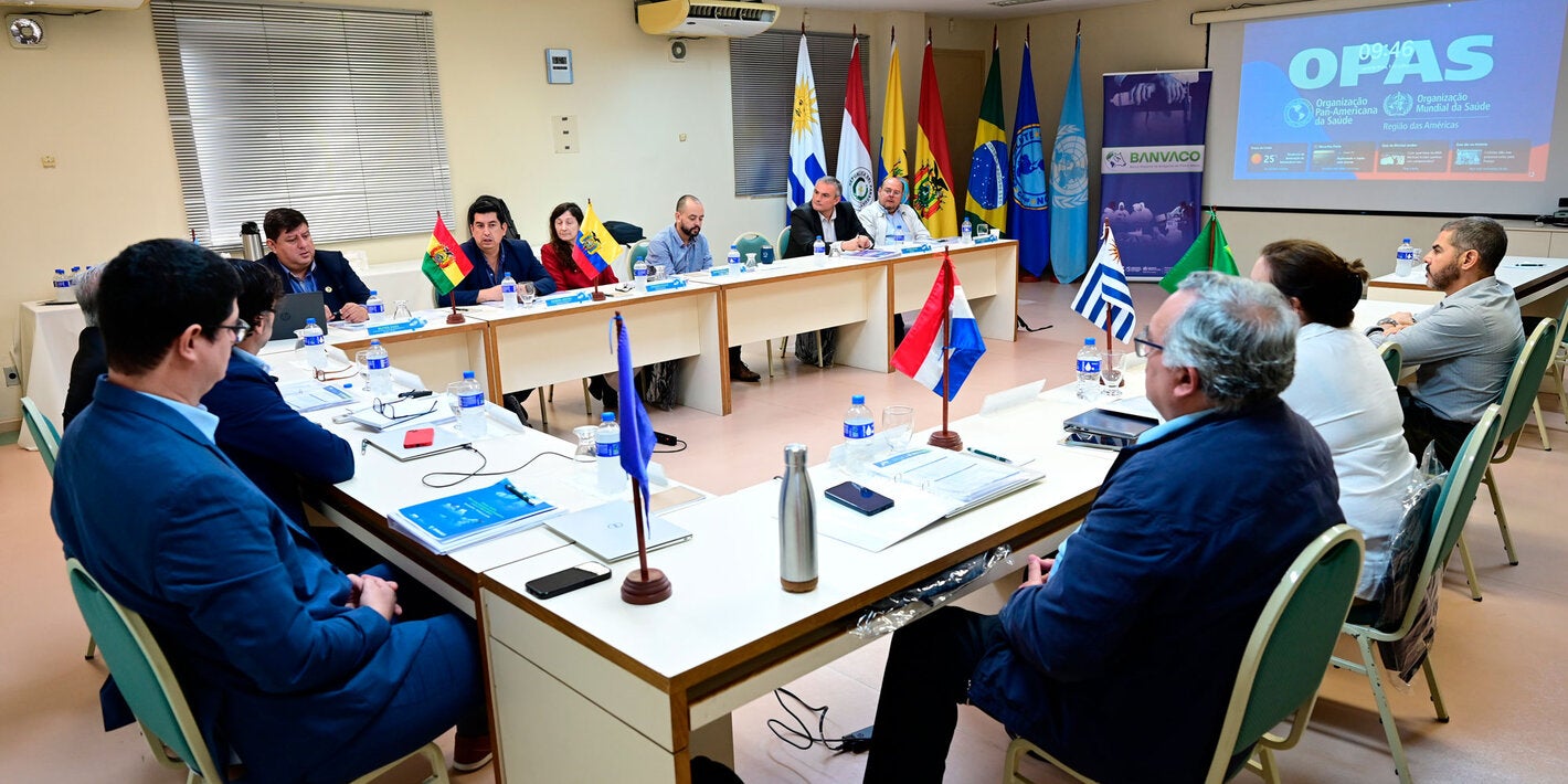 representantes de los países miembros del BANVACO y del sector privado de Bolivia y Brasil, técnicos de PANAFTOSA discutiendo el plan de trabajo en la cuarta  reunión del mecanismo regional 