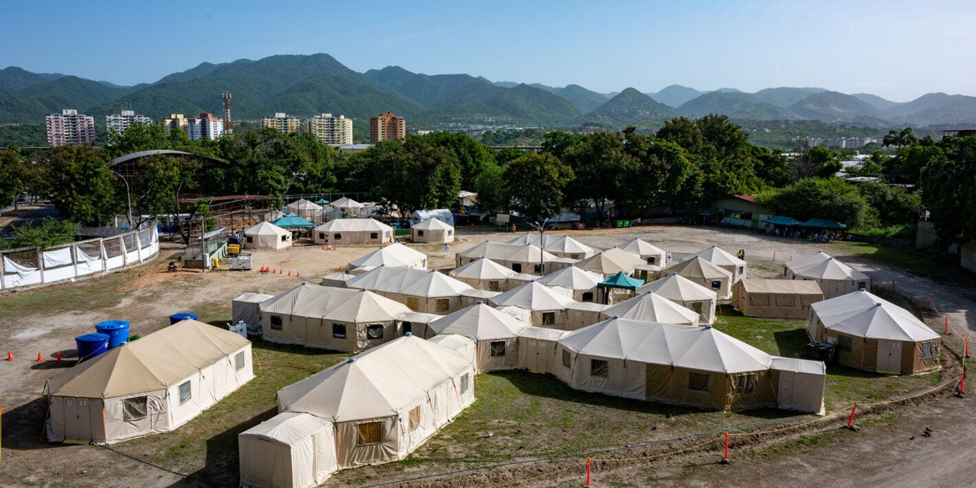 A field hospital operated by the Barbados Emergency Medical Team (EMT) in Venezuela following the June 24 earthquakes. International EMTs deployed to the country to work alongside Venezuelan health professionals, providing emergency care and helping maintain essential health services in affected communities.