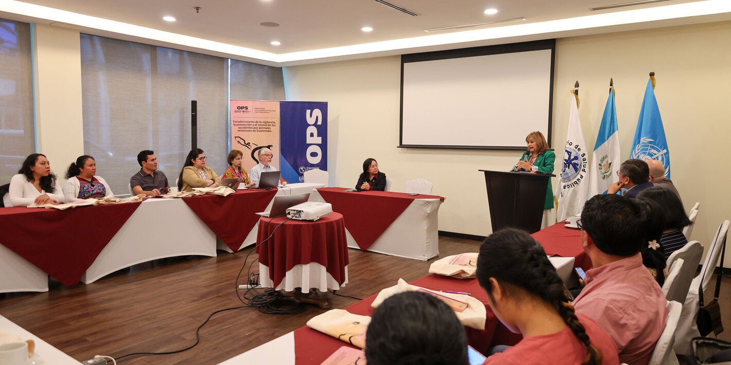 ténicos de PANAFTOSA, OPS Guatemala, expertors internacionales y la viceministra de salud de Guatemala reunidos revisando las estrategias para mejorar la respuesta ante los accidentes por animales venenosos en el país