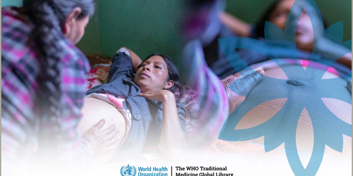 Photo montage of a pregnant woman receiving support from a traditional midwife, with the WHO Traditional Medicine Global Library logo.