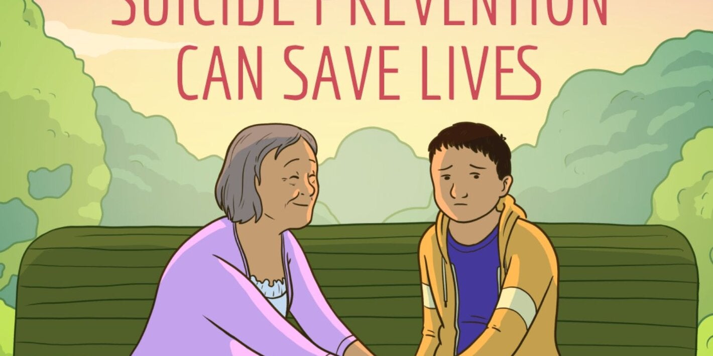 illustration older woman holding adolescent's hands on a green bench outdoors with title suicide prevention can save lives