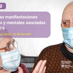 Pareja de ancianos con mascarilla médica. Junto a ellos la información del webinar Manejo de las manifestaciones neurológicas y mentales asociadas a la COVID-19