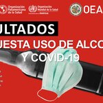 Ilustración que muestra sobre un fondo rojo las imagenes en gris de un coronavirus y una botella de cerveza, sobre la que hay un cubrebocas verdoso. tiene el título del seminario: REsultados de la encuesta Uso de alcohol y COVID-19