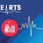 Ilustración que muestra el acrónimo HEARTS, un círculo rojo con el icono de medicamentos, y saliendo de él, una línea irregular que termina en la parte derecha de la imagen. Todo sobre un fondo geometrico azul en distintos tonos. D