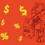 Illustration showing a rain of $ yellow signs and lineal drawings of packaged drinks (soda, chocolate milk, yougurt, juice) in a red background