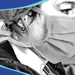 Black and white photo of a female health provider with a mask covering here face, framed in and irregular blue background