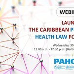 Card with the title of the event, date and time, over a background of an illustration of pins linked by colourful threads. At the bottom, PAHO and the Academy for Law logos