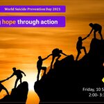 Black sillouettes of 10 people hiking a mountain, helping each other to climb. They are over a background of an orange sunset. The title, date and time of the webinar appear over the image