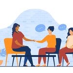 Ilustracion de tres mujeres hablando, sentadas sobre unas butacs