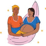 Mulher grávida recostada. Ao lado outra mulher acompanhando