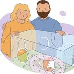 ilustración de madre y padre junto a incubadora con bebé prematuro