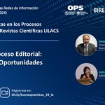 Banner do evento 'IA no Processo Editorial: Desafios e Oportunidades', parte da série 'Boas Práticas nos Processos Editoriais das Revistas Científicas LILACS'. O banner mostra imagens dos palestrantes Dagoberto Salas, da Universidad Autónoma de Nuevo León, e Sueli Suga, da BIREME/OPS/OMS. O evento está programado para o dia 22 de agosto ao meio-dia (Brasília, GMT-3), com um link de inscrição em bit.ly/buenaspracticas_24_ia.