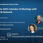 Webinar flyer. Speakers: João Paulo Souza and Verónica Abdala. Session coordination: Marcia Barretto. Registration: bit.ly/Launch-2025-Calendar-MEDCARIB-Network. Blue background with a digital network design and PAHO, BIREME, LILACS, DeCS logos.